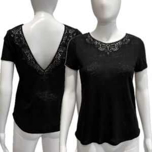 Sezane Black 100% Linen Mina Tee Womens Size XS Crochet Lace Reversible T-shirt